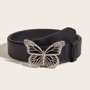 Vintage black leather belt with a rhinestone butterfly buckle for women fashion