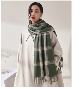Détail d'une écharpe à carreaux verts avec franges portée sur un trench-coat beige