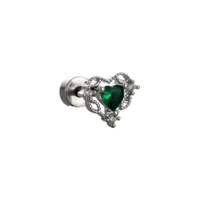 Titanium steel stud earring featuring green heart crystal and intricate filigree details