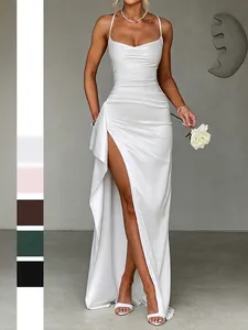 Satin Maxi Dress Spaghetti Strap V Neck High Slit Ruched Backless Evening Party Gown For Women Elegant Sexy Style