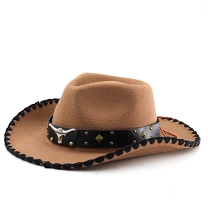 Detail of brown felt cowboy hat with black leather band, bull head logo and stitched brim