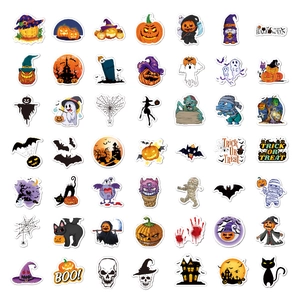 50pcs Halloween stickers set featuring pumpkin ghost and bat for party decoration