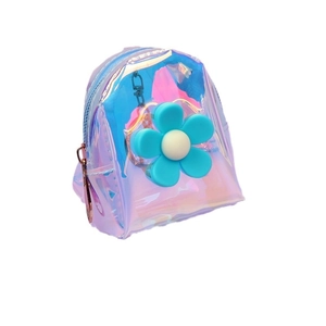Mini laser transparent coin purse with blue flower and silver zipper keychain