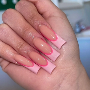 Long Square Press On Nails Pink French Style Double Line Detachable Full Cover Fake Nails For Women Manicure