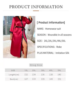 Size chart for plus size satin robe showing length and bust measurements from 1XL to 5XL