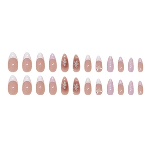 French almond fake nails with 3D flowers, pearls, and butterflies, 24pcs set