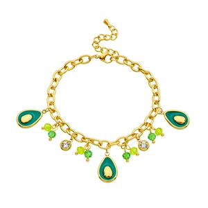 Golden stainless steel bracelet with green enamel avocado charm and sparkling crystals