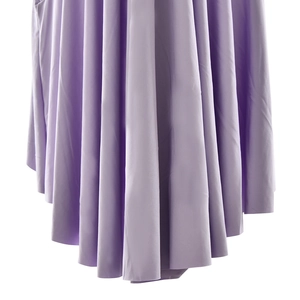 Detailed close-up of light purple satin dress hem showing elegant ruffled pleats and texture