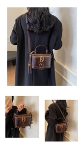 Detail shots of deep brown patent leather mini bucket bag worn as crossbody and handbag
