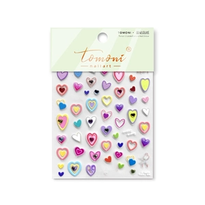 Sparkling crystal 3D heart nail art stickers with colorful diamond accents on white backing