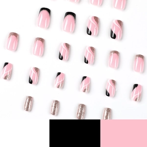 Pink and black wave press-on nails with gold glitter ballet style French tip designs