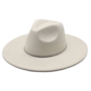 Classic wide brim fedora hat in beige felt with elegant sparkling rhinestone band detail