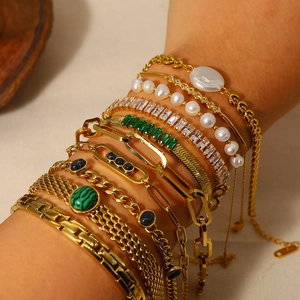Stainless Steel Bracelet Necklace 18K Gold Plated Zircon Artificial Pearl Cuban Snake Chain Vintage Jewelry For Women