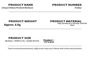 Specifications chart for hollow pendant titanium necklace with size and weight details