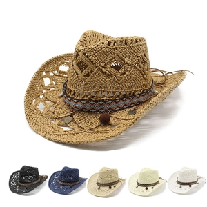 Hollow Weave Straw Cowboy Hat With Ethnic Ribbon Sun Protection Summer Beach Vacation Style For Women Men