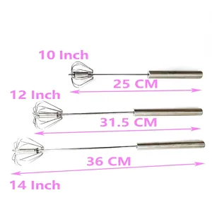 Set of 3 semi-automatic stainless steel whisk beaters in 10, 12, and 14 inch sizes
