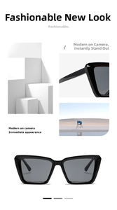 Close-up of durable hinges and thick black geometric frame on square sunglasses