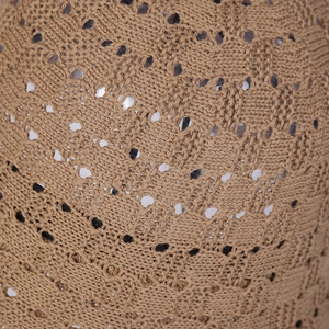 Macro detail of the breathable hollow pointelle knit texture on a khaki sun hat