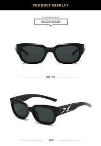 Front and side views of trendy black square frame sunglasses with silver metal logo