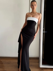 Tube Top Maxi Dress Ruched High Slit Contrast Color Slim Fit Elegant Evening Banquet Gown Women Polyester And Spandex