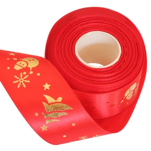 Red Christmas silk ribbon with golden snowman and tree prints for gift wrapping