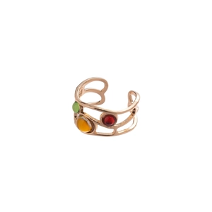 Golden double-layer open ring with vintage hollow design and colorful resin stones