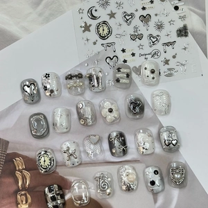 3D Silver Metallic Nail Art Stickers Y2K Style Star Moon Heart Pattern Self-Adhesive Nail Decals For Kids Women Manicure Decor