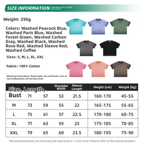 Detailed size chart for 100% cotton washed streetwear sets with size measurements in cm