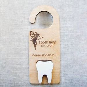 Wooden tooth fairy door hanger with acrylic tooth shape and drop off message