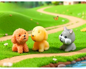Miniature resin puppy set showing cute puppy and hamster figures in a garden setting