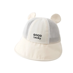 Breathable baby sun hat with cute ears and GOOD Lucky embroidery in cream mesh