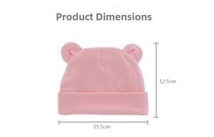 Detailed size view of soft pink newborn knit baby hat with cute Mickey mouse ears
