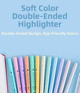Detailed flat lay of 12 dual-tip pastel highlighters on a grid notebook background