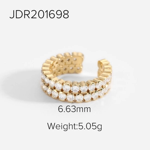 Detail of 18K gold plated brass open ring with double row zircon, width 6.63mm, weight 5.05g