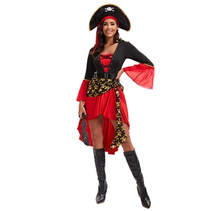 Women pirate costume set with skull hat and red-black asymmetrical dress for cosplay