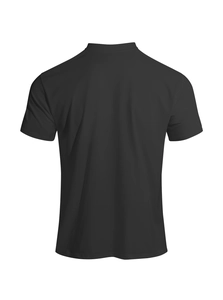Rear view of a black short sleeve T-shirt showing smooth knit fabric and clean cut