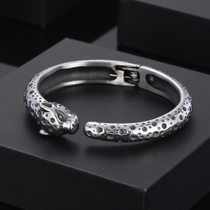 Punk style leopard head open cuff bracelet in silver stainless steel for men