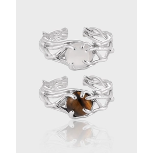 925 Sterling Silver Ring For Women Hollow Branch Vine Design Adjustable Open Ring With Yellow Tiger Eye White Agate