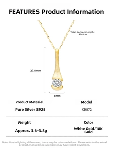 Close-up of matte S925 silver teardrop necklace featuring a central zircon stone detail