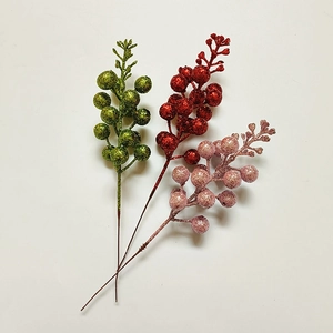 Glittery artificial berry stems in red green and pink for Christmas tree DIY decor