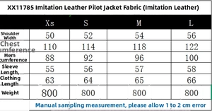 Size chart for women's faux leather bomber jacket with measurements from XS to L