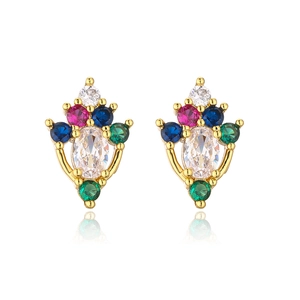 Luxurious gold-plated geometric stud earrings featuring colorful cubic zirconia gemstones