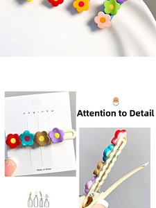 Detail showing multi-colored resin flower hair clips with cream-colored bases on card