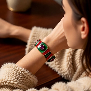 Detail of vintage gold bangle with green enamel and purple gemstone on model wrist
