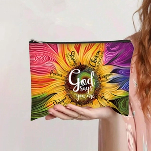 Detail of canvas bag featuring rainbow sunflower print and biblical inspirational quotes