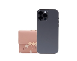 Size comparison of the pink floral mini wallet shown next to a smartphone