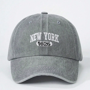 Adjustable dark grey washed cotton baseball cap with white New York 1625 embroidery