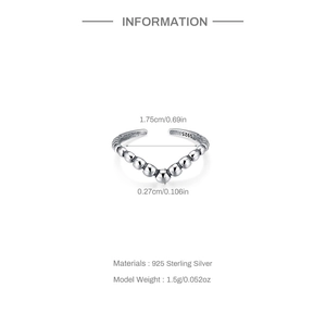 Detailed size specifications for the V-shaped S925 sterling silver beaded open ring