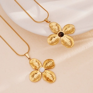 Exquisite gold petal pendants on snake chains with tiger eye and opal stones