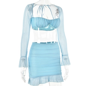Detail view of light blue square neck long sleeve top and ruffled mini skirt set